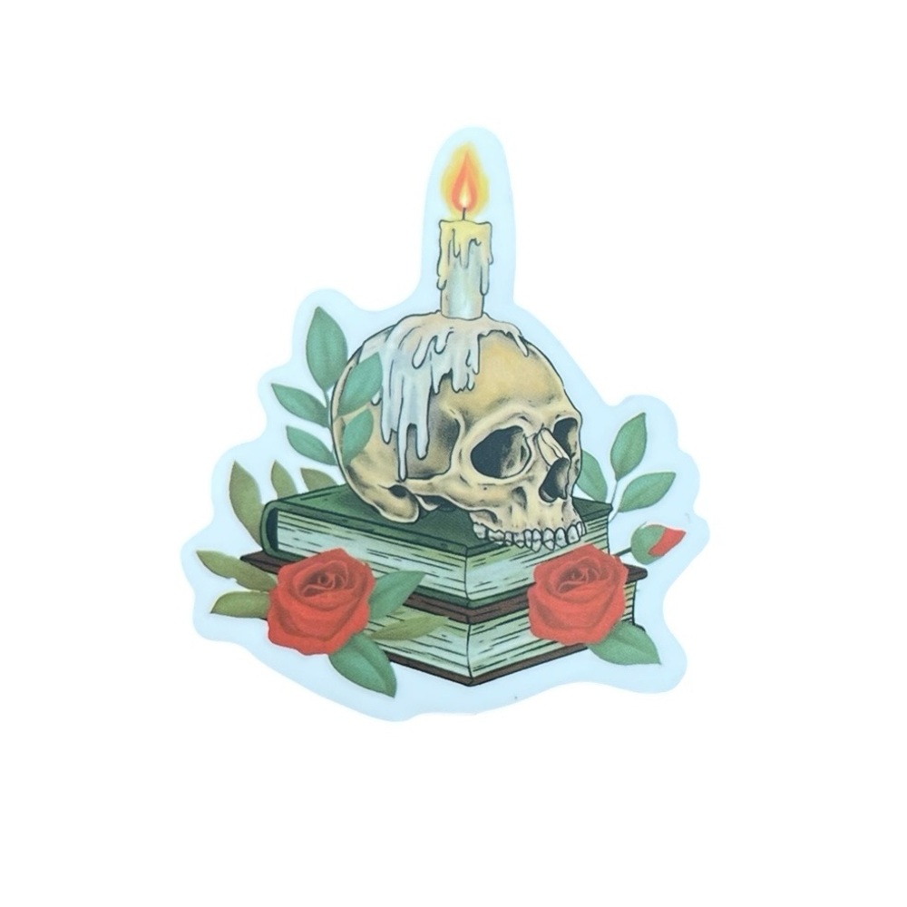 Skull and Candle Sticker with Red Roses Books Gothic Book Lover Kindle Decor
